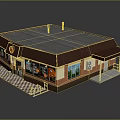 Cartoon Storefront Scene With Gray Roof Brown Awning Red Brick Walls Checkerboard Floor And Windows
