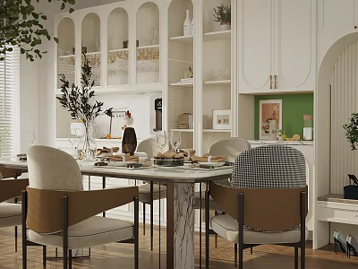 Modern Restaurant Interior With Dining Table Chairs Open Shelves And Green Wall Decor 3d model