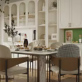 Modern Restaurant Interior With Dining Table Chairs Open Shelves And Green Wall Decor