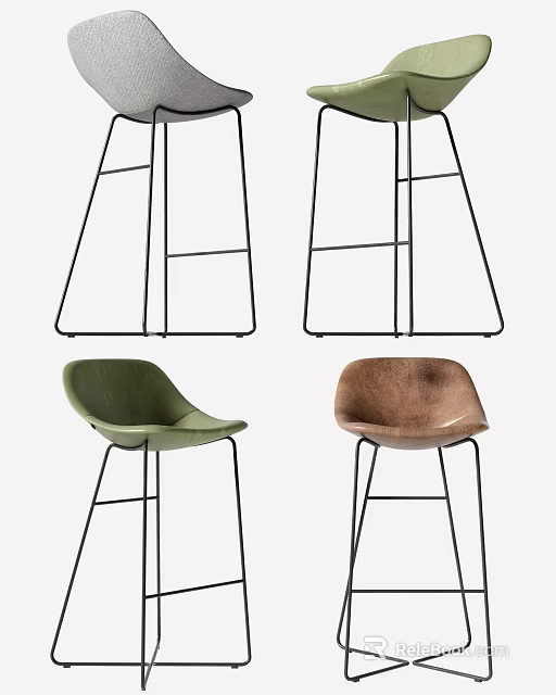 Modern Bar Stools With Leather Seats And Metal Frames In Green And Brown 3d model 