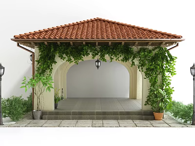 Traditional Porch With Red Tiled Roof Green Vines Lanterns Stone Floor And Potted Plants 3d model