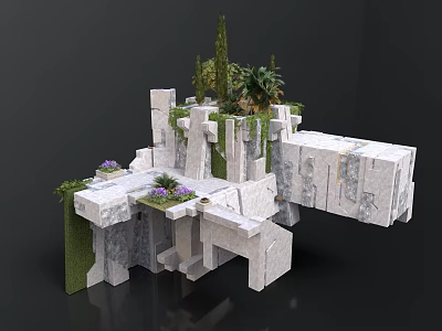 Modern Geometric Stone Architectural Structure With Greenery And Multi Level Platforms 3d model