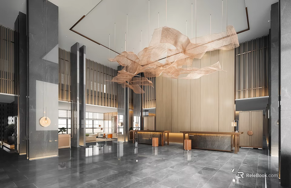 Modern Lounge Area with Wooden Walls Woven Pendant Lights Marble Flooring and Comfortable Sofas 3d model 