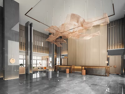 Modern Lounge Area with Wooden Walls Woven Pendant Lights Marble Flooring and Comfortable Sofas 3d model
