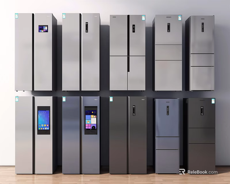 Modern Refrigerators with Various Styles Silver Gray Finish and Digital Display Screens 3d model
