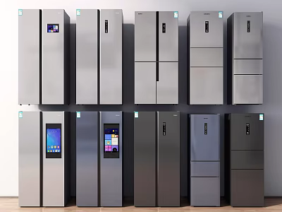 Modern Refrigerators with Various Styles Silver Gray Finish and Digital Display Screens 3d model