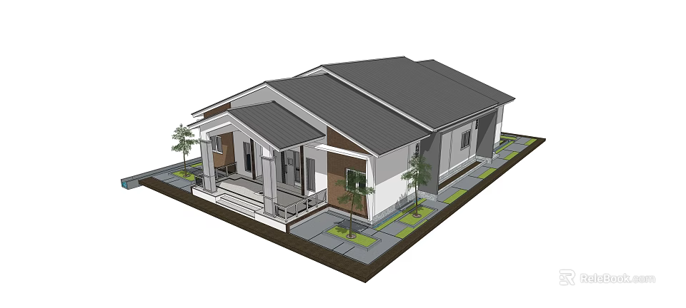 Modern Detached House with Gray Roof White Brown Exterior Front Porch and Small Trees 3d model 