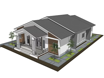 Modern Detached House with Gray Roof White Brown Exterior Front Porch and Small Trees 3d model