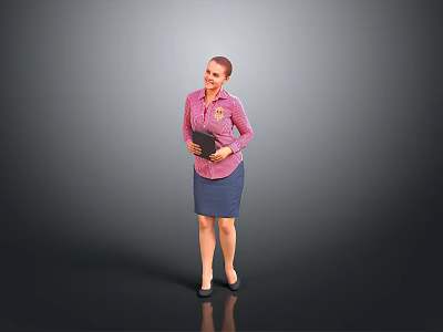 Woman In Pink Striped Shirt And Blue Skirt Holding Black Notebook Standing Against Gray Background 3d model