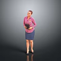 Woman In Pink Striped Shirt And Blue Skirt Holding Black Notebook Standing Against Gray Background