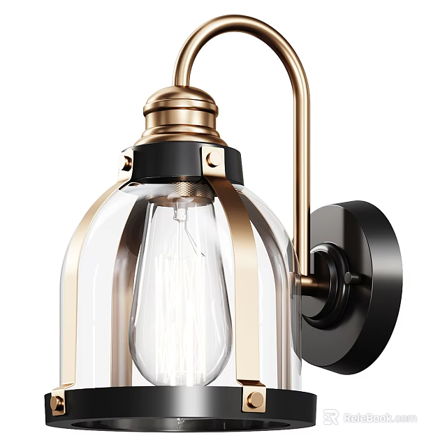 Modern Gold And Black Metal Wall Lamp With Transparent Glass Shade And Bulb 3d model 