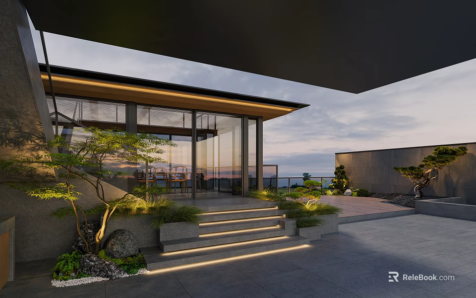 Modern Villa Balcony With Glass Walls Illuminated Steps And Greenery 3d model 
