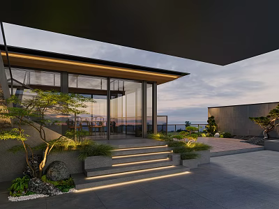 Modern Villa Balcony With Glass Walls Illuminated Steps And Greenery 3d model