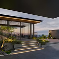 Modern Villa Balcony With Glass Walls Illuminated Steps And Greenery