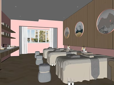 SPA Sauna Interior Design Featuring Treatment Tables Gray Stools Wooden Walls Round Paintings Natural Light 3d model