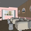 SPA Sauna Interior Design Featuring Treatment Tables Gray Stools Wooden Walls Round Paintings Natural Light