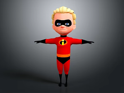 Animated Superhero Character With Blonde Hair Black Mask Red Costume I Symbol And Arms Outstretched 3d model