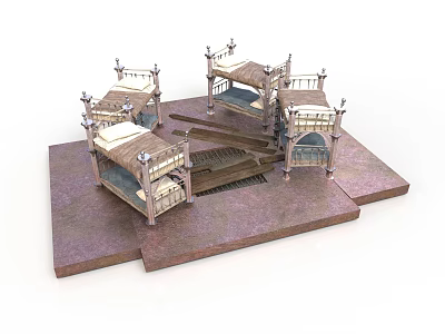 Ornate Metal Frame Beds with Carved Details Mattresses and Sheets on Brown Platform 3d model