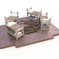 Ornate Metal Frame Beds with Carved Details Mattresses and Sheets on Brown Platform