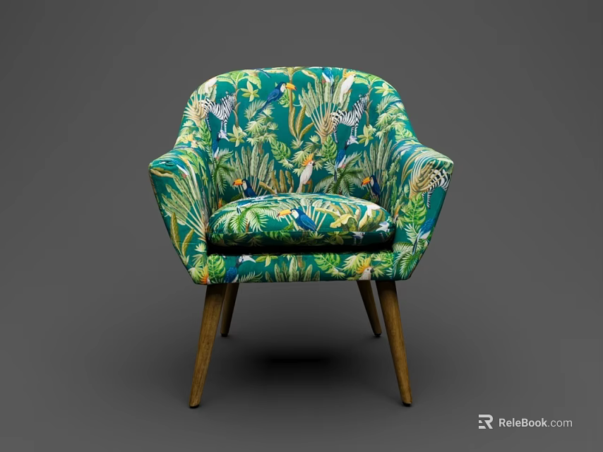 Green Tropical Print Accent Chair With Wildlife Pattern And Wooden Legs 3d model 
