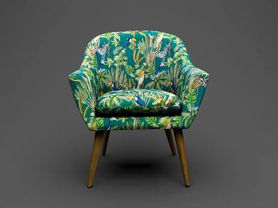 Green Tropical Print Accent Chair With Wildlife Pattern And Wooden Legs 3d model