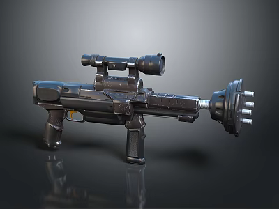 Futuristic Dark Metallic Weapon 3D Model With Scope And Multiple Barrels 3d model