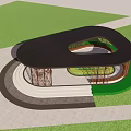 Modern Circular Landscape Pavilion With Illuminated Metal Frame Steps And Greenery Near Modern Building
