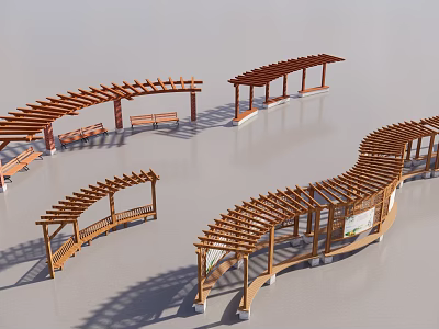 Wooden Pergolas With Curved Design And Benches For Outdoor Garden Landscape 3d model
