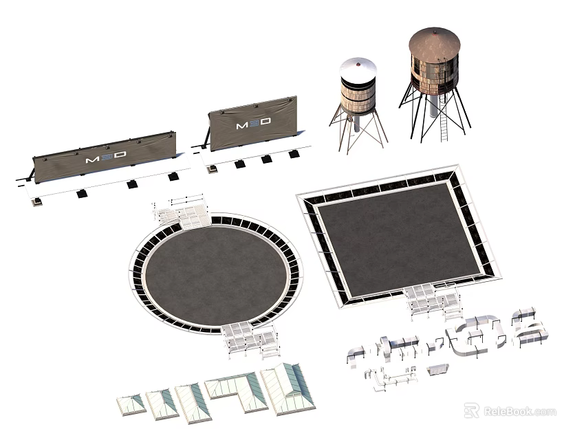 Industrial Building Components Design With Water Towers Platforms Circular Square Structures And Frames 3d model