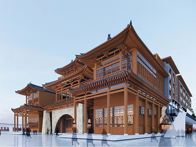 Traditional Chinese Style Office Building With Wooden Structure Flying Eaves And Large Windows 3d model