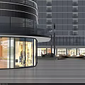 Modern Commercial Street With Glass Curtain Walls Ground Floor Shops And Parked Car