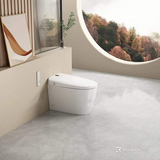 Modern White Smart Toilet In Bathroom With Circular Window And Green Trees View 3d model 