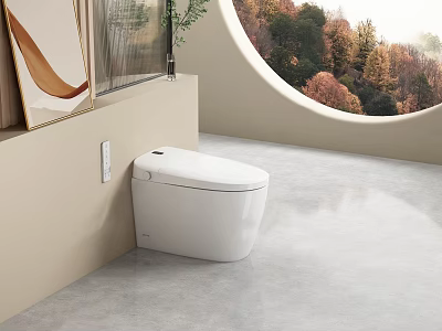 Modern White Smart Toilet In Bathroom With Circular Window And Green Trees View 3d model