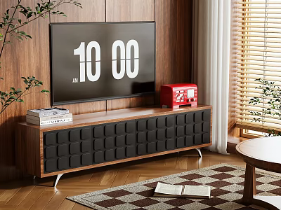 Wooden TV Stand With Flat Screen TV Books Red Decor And Wooden Wall Background 3d model