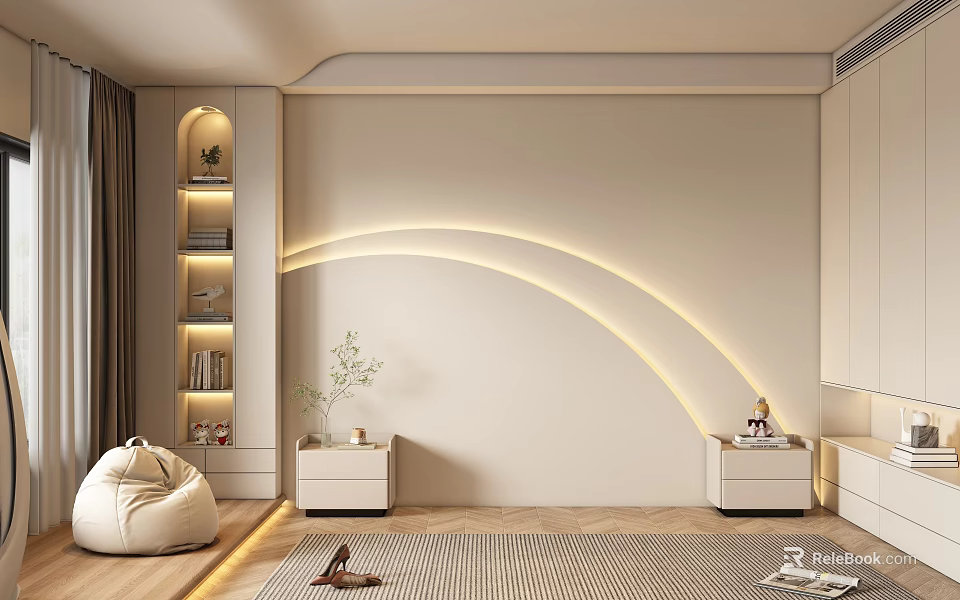 Modern Beige Bedroom Accent Wall With Curved LED Lights Bedside Tables And Lit Bookshelves 3d model 