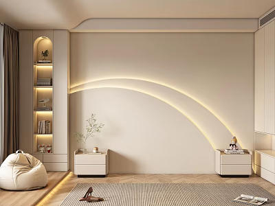 Modern Beige Bedroom Accent Wall With Curved LED Lights Bedside Tables And Lit Bookshelves 3d model