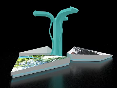 Modern Exhibition Island With Sculptural Teal Structure And Triangular Display Platforms 3d model