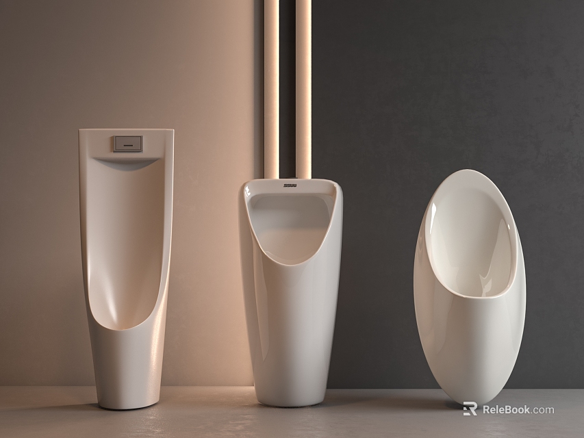Modern White Urinals in Different Designs Placed Against Gray Wall with Soft Lighting 3d model 