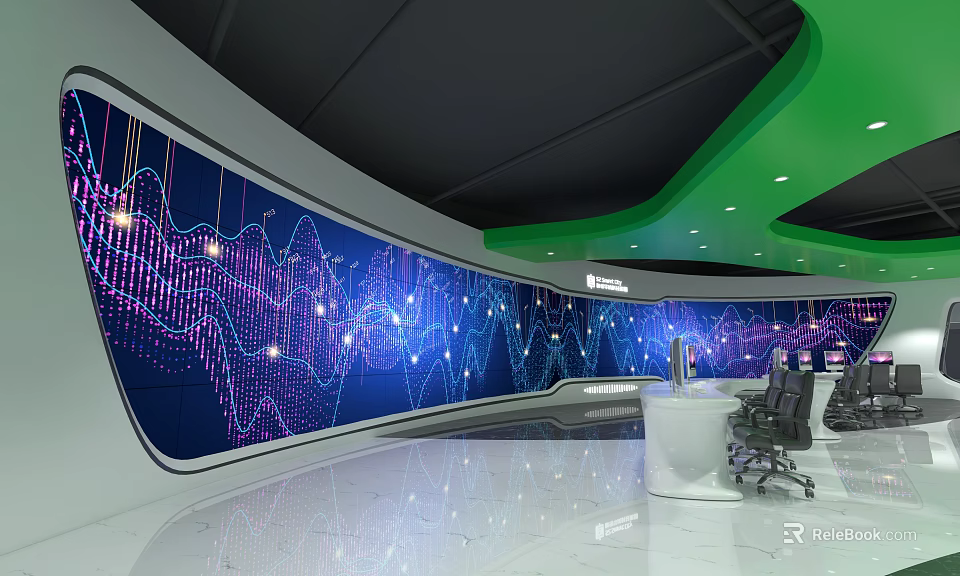 Modern Control Room With Large Curved Display Screen Showing Data Wave Patterns And Control Console 3d model 