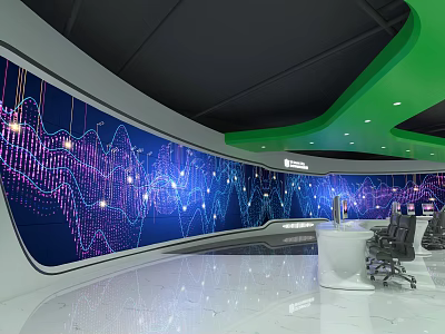Modern Control Room With Large Curved Display Screen Showing Data Wave Patterns And Control Console 3d model