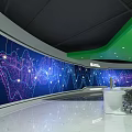 Modern Control Room With Large Curved Display Screen Showing Data Wave Patterns And Control Console