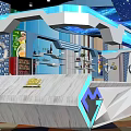 Modern Store Front Desk with Blue White Theme Geometric Design Marble Countertop Lifebuoy Anchor Decor