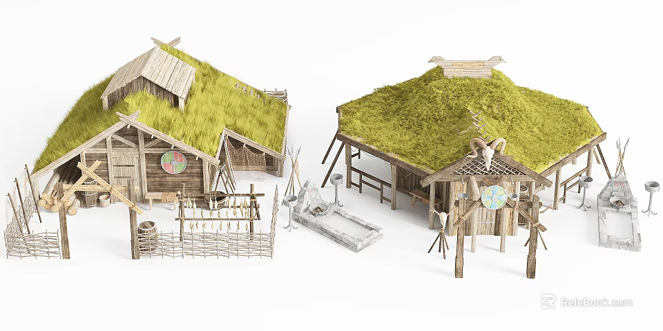 Traditional Wooden House With Thatched Roof Wooden Fence And Craft Decorative Elements 3d model 