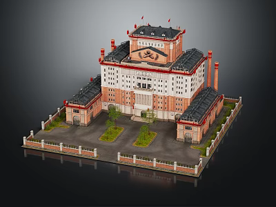 Traditional Chinese Building With Red Roof White Wall Symmetrical Design And Courtyard Garden 3d model
