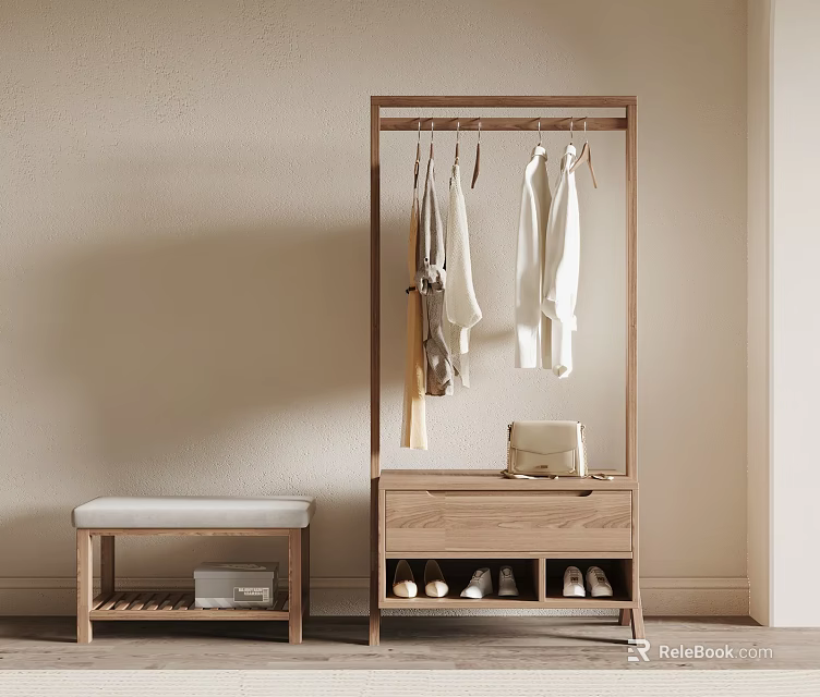 Wooden Coat Rack With Clothes Drawer And Bench 3d model 