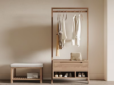 Wooden Coat Rack With Clothes Drawer And Bench 3d model