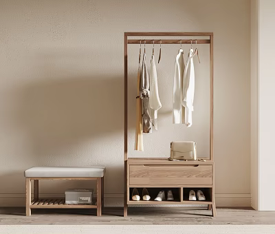 Wooden Coat Rack With Clothes Drawer And Bench 3d model