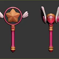 Pink And Orange Fantasy Magic Wand With Star Shape And Wing Decorations