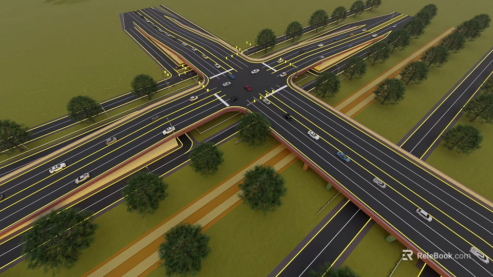 Modern Road Infrastructure With Multi Level Intersection Trees Traffic Lights And Vehicles 3d model 