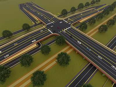 Modern Road Infrastructure With Multi Level Intersection Trees Traffic Lights And Vehicles 3d model